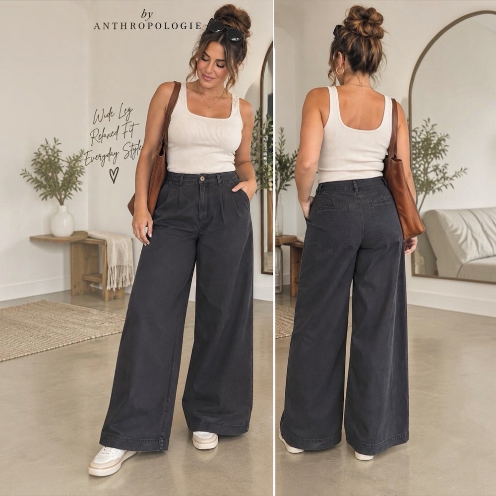 By Anthropologie Size 14 Black Pleated Wide Leg Cotton Pants